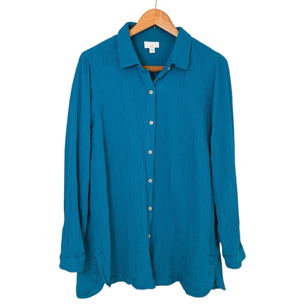 J.Jill Womens 100% Cotton Gauze Split Hem Button Down Tunic Size M Blue Basics